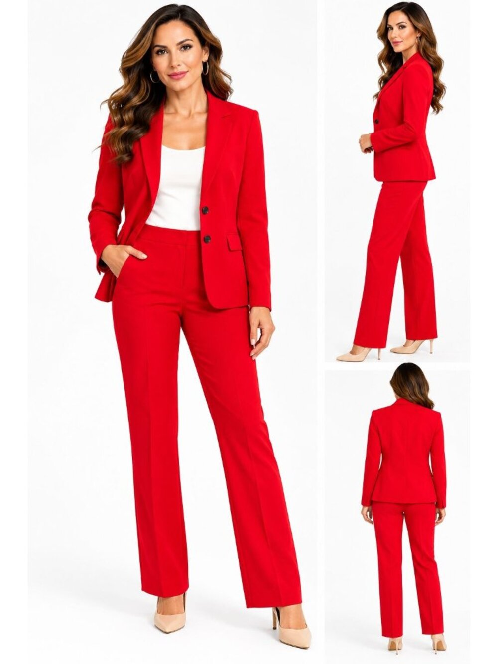 Kasper Size 14 Fire Red Polyester Pant Suit Two-Button Closure